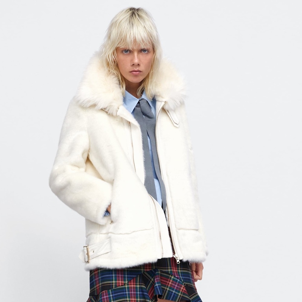 Zara Off White Faux Fur Aviator Biker Jacket Coat Sz S Small